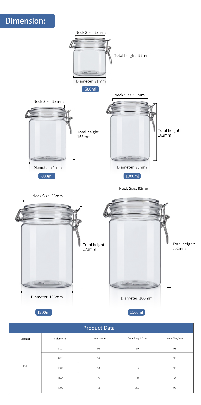 KY007PC Large Size Plastic Jars for Food Storage 500-1500ml PET Customs