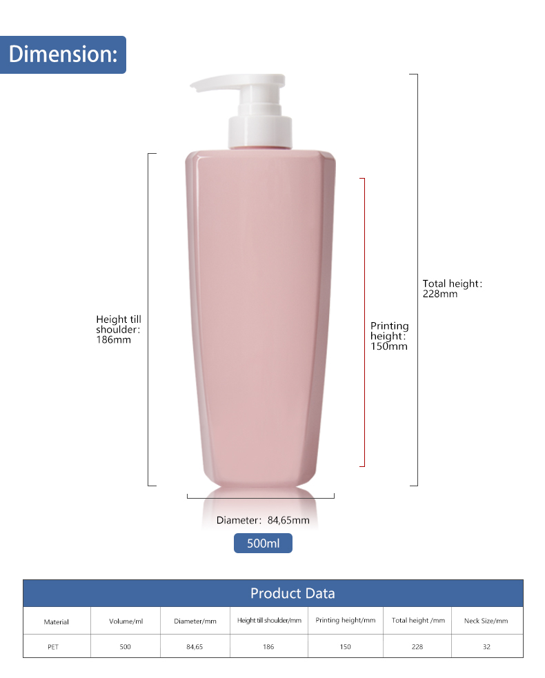 KY188 New Design 500ml Empty Plastic Pink Color Shampoo Bottle and Conditioner Bottle with Lotion Pump