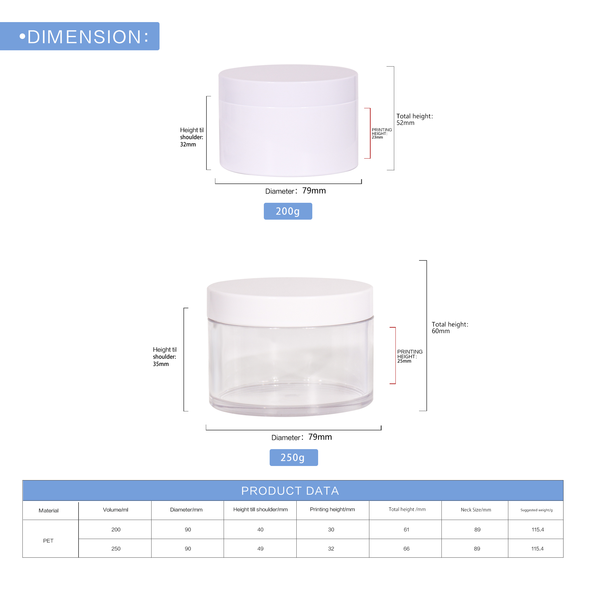 KY072PJ Custom High Quality 200g 250g PET Clear Cream Jar with White Screw Cap