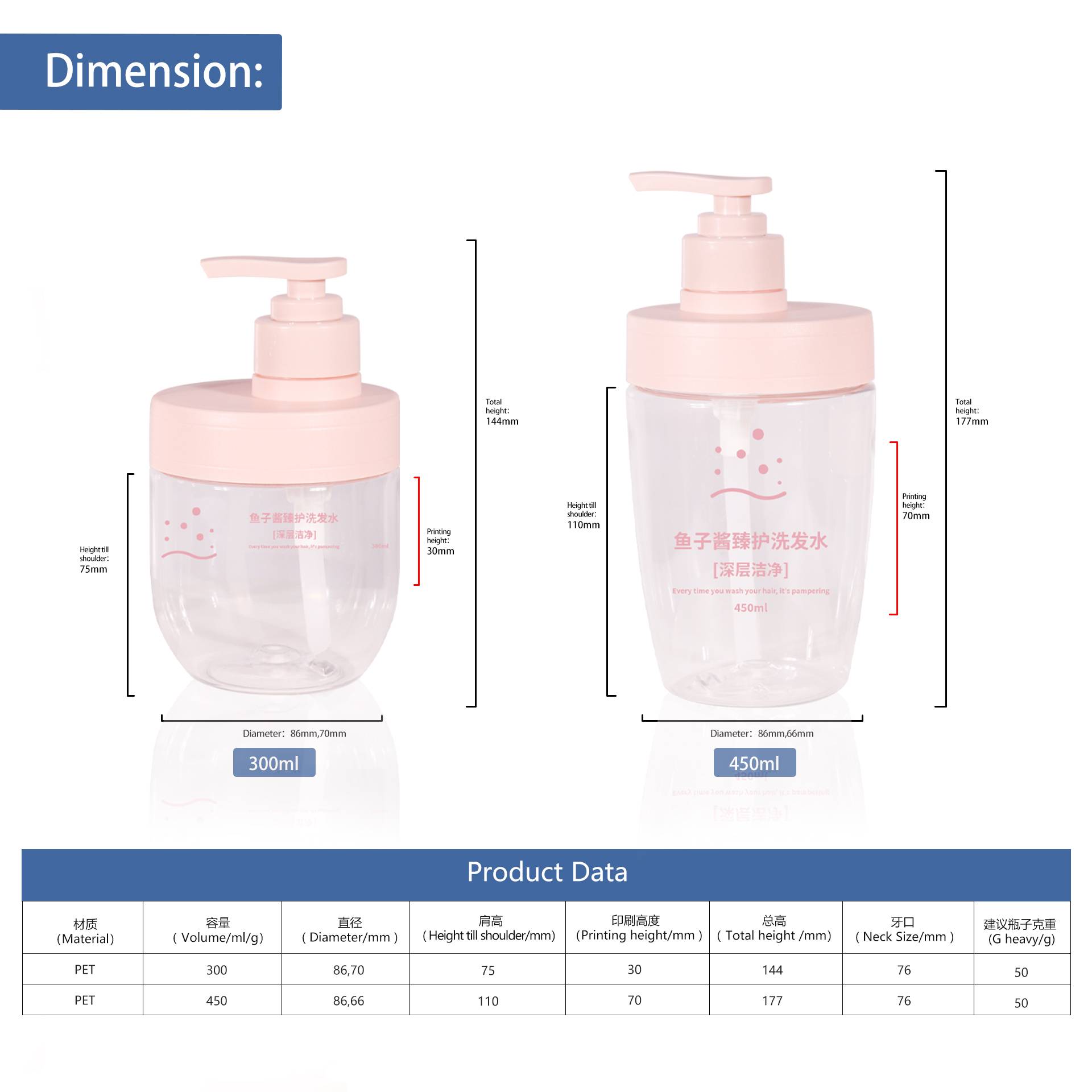 KY279 Customized Wholesale 300ml 450ml PET Pink Special Shape Conditioner Shampoo Plastic Bottle