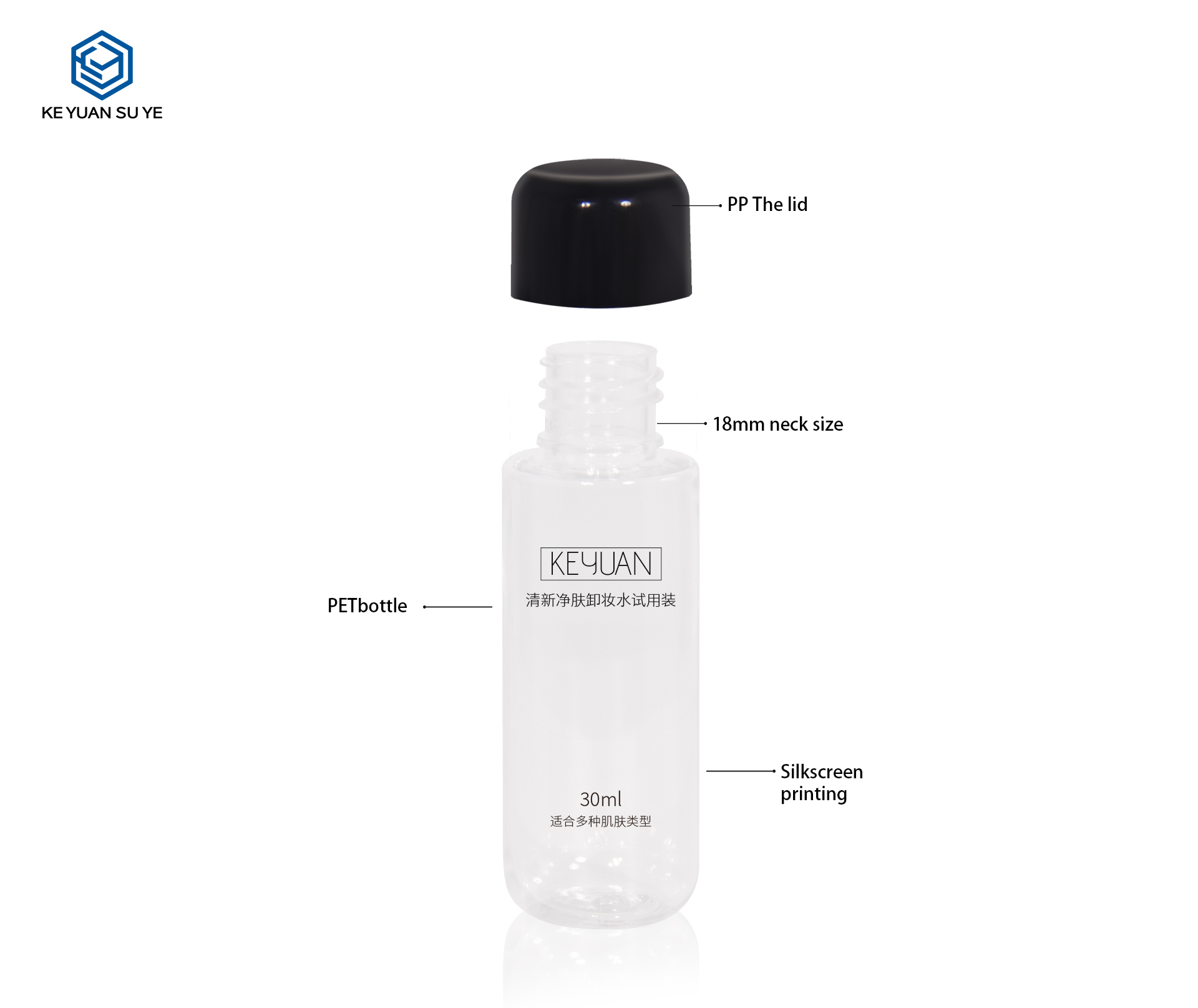 KY270 High Quality 30ml PET Cosmetics Clear Makeup Remover Bottle with Black Screw Cap